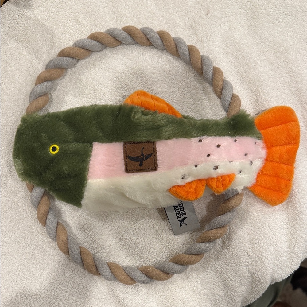 Eddie Bauer Green and Orange Fish Dog Toy with squeaker and crinkle